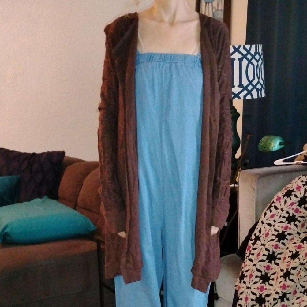 Brown Cardigan and Blue Jumpsuit